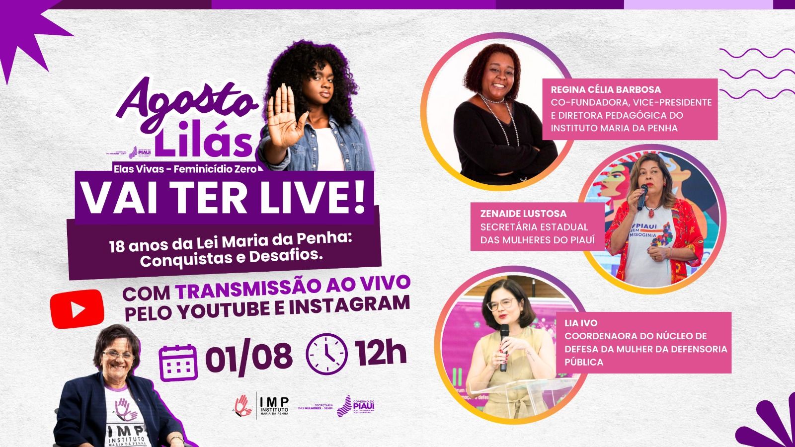 Live sobre 18 anos da Lei Maria da Penha abre programação do Agosto Lilás nesta quinta (1º)