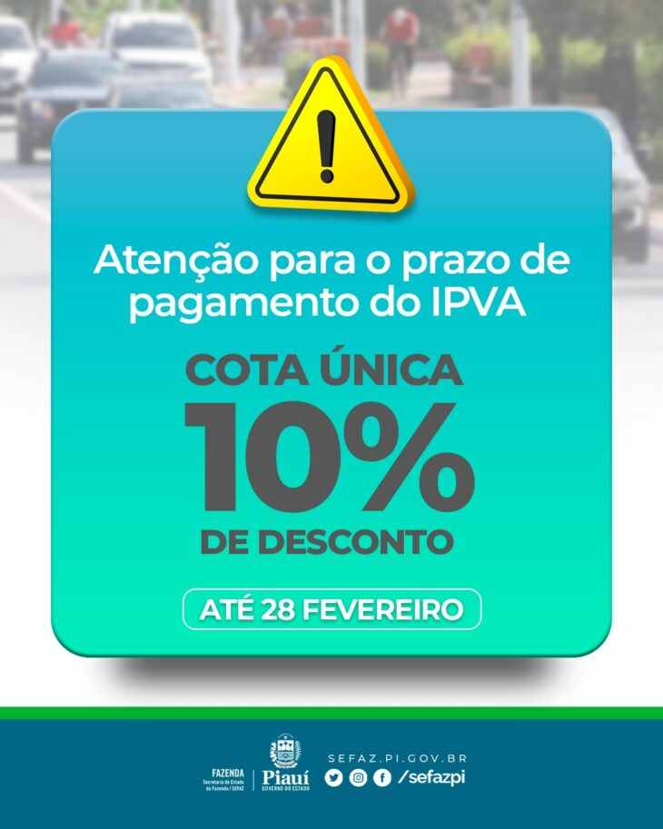 Desconto de 10% do IPVA vai até 28 de fevereiro