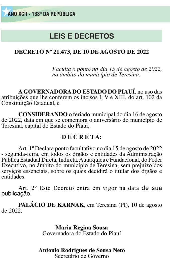 Regina Sousa decreta ponto facultativo no dia 15 de agosto em Teresina